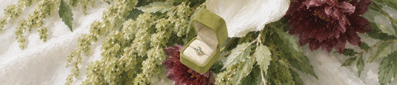 An engagement ring in an olive velvet box among florals
