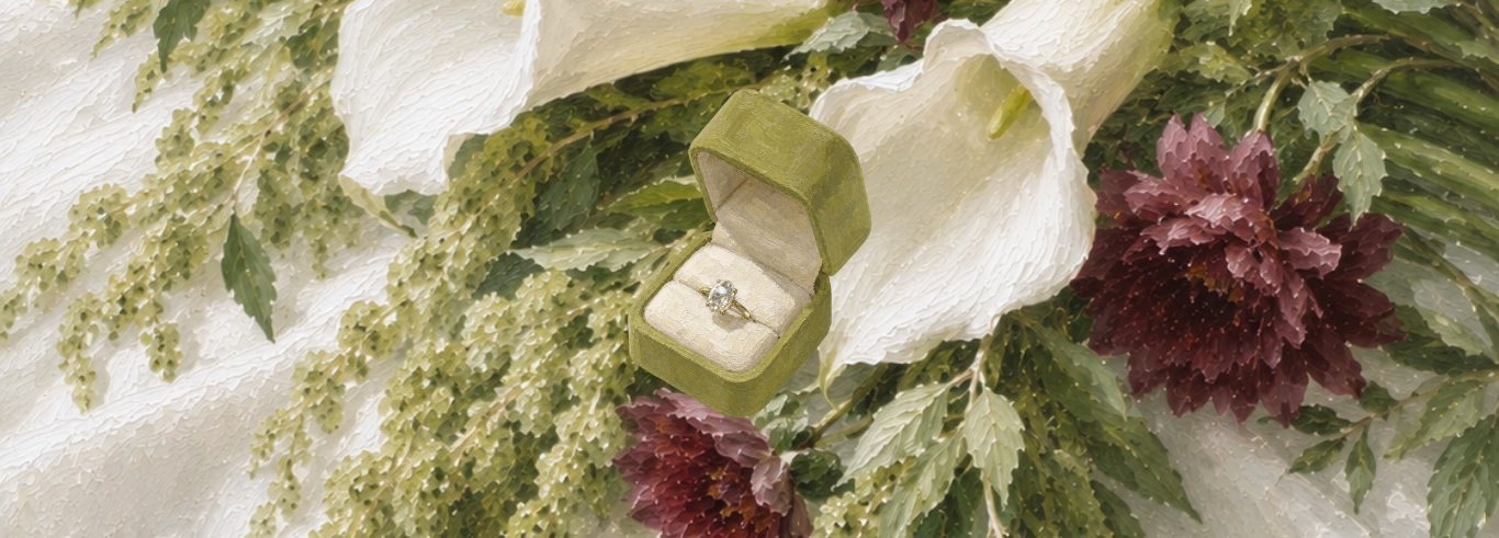 An engagement ring in an olive velvet box nestled in white florals and greenery