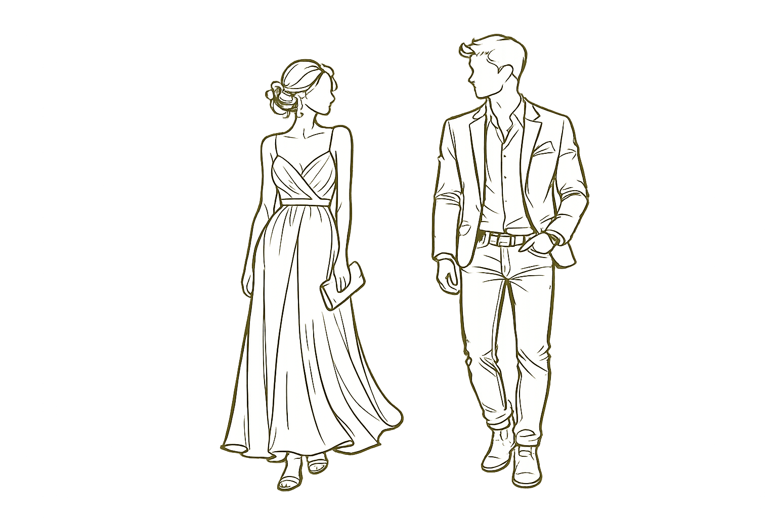 Illustration of a couple in garden-formal attire — a woman in a flowing dress and a man in a blazer