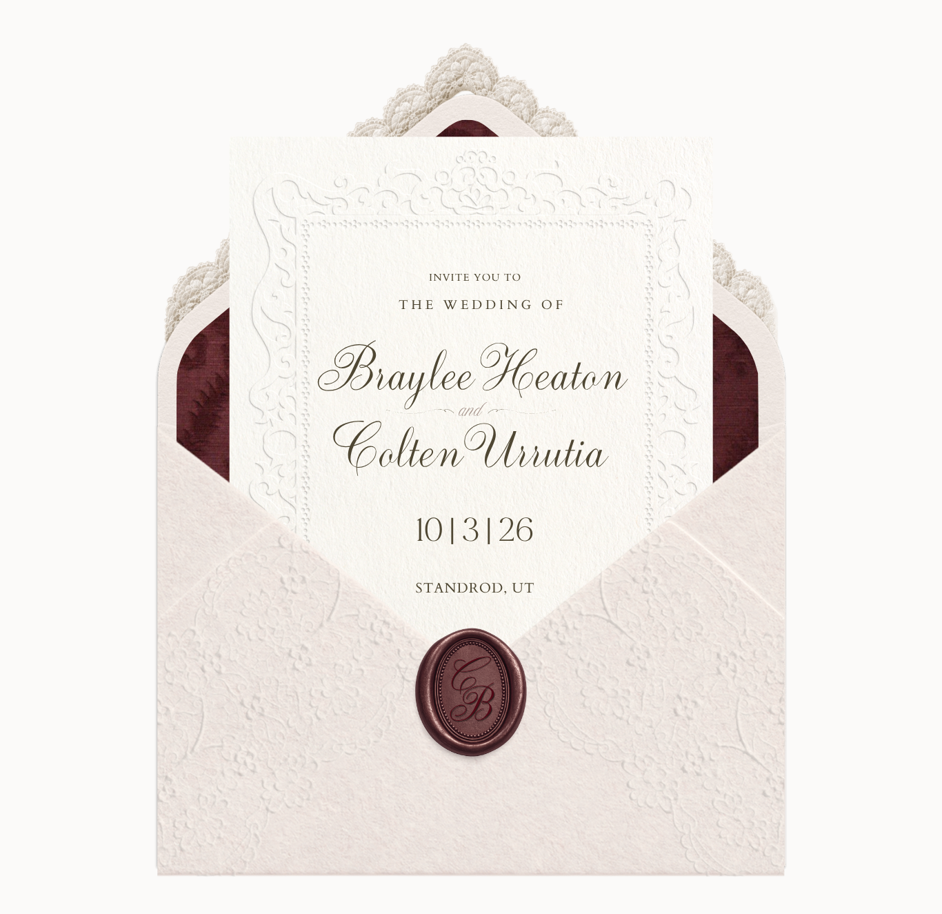 An opened envelope revealing the invitation for Braylee Heaton and Colten Urrutia, 10.3.26, Standrod, UT