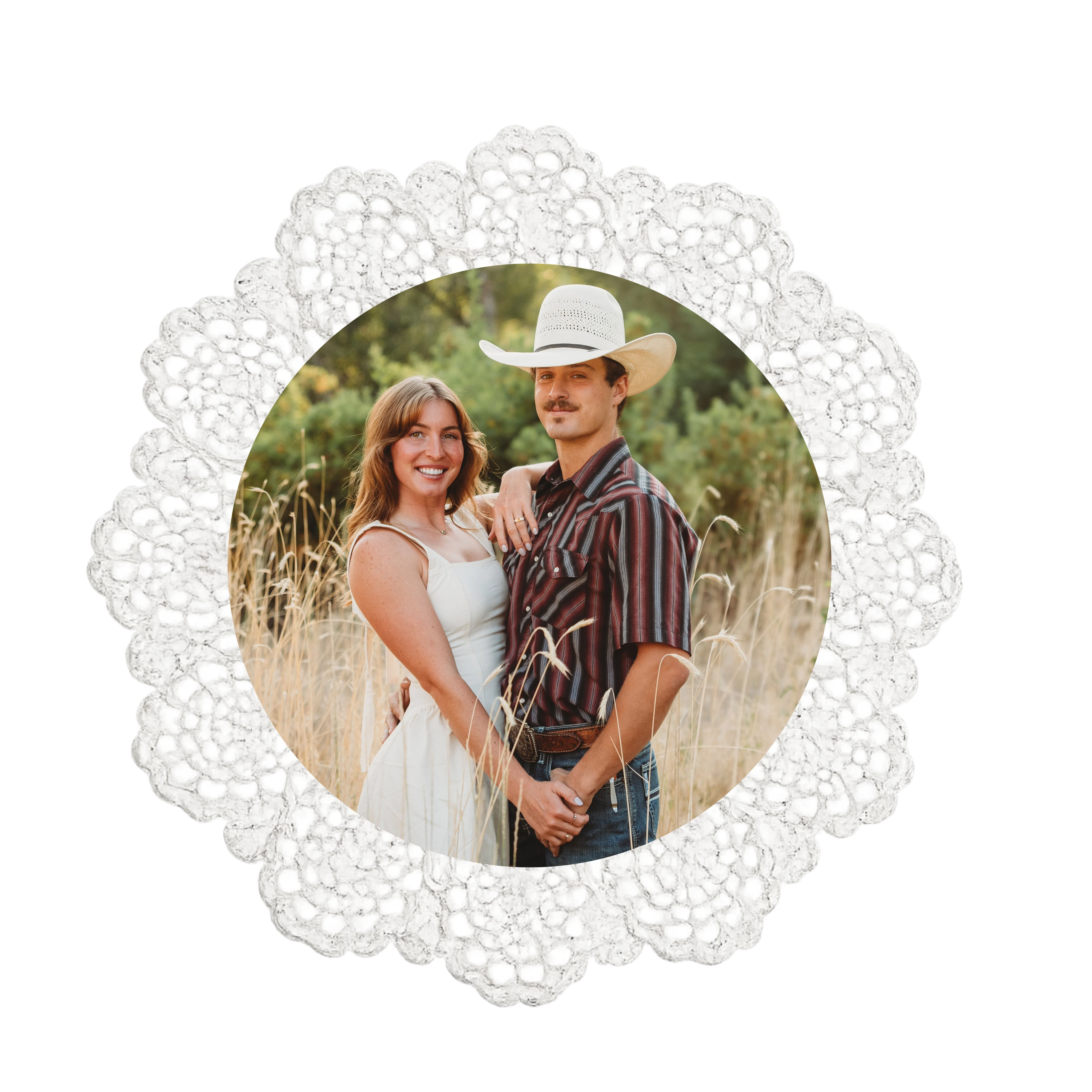 Braylee and Colten smiling together in a golden field, framed in lace