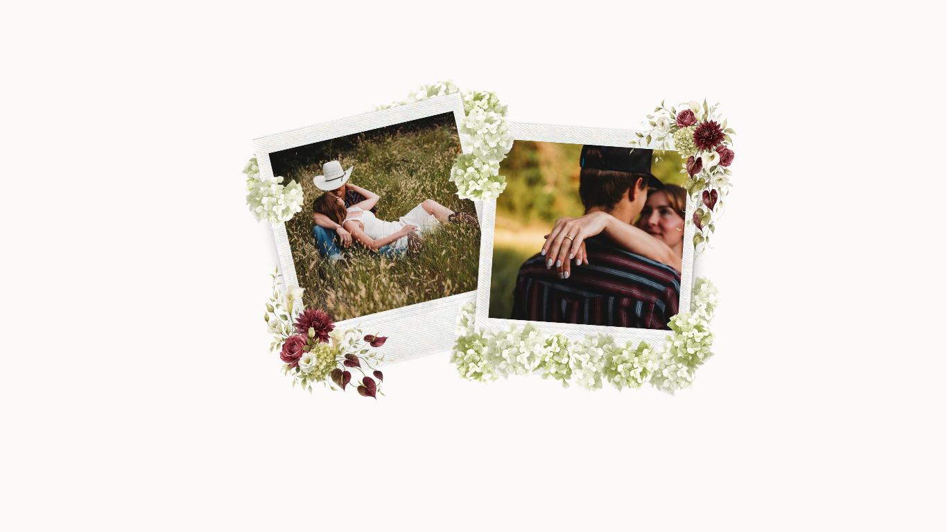Two polaroid photos of Braylee and Colten framed with florals